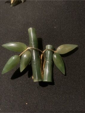 Swoboda (unsigned) Green Jade Bamboo Leaf Brooch